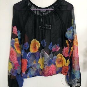 Angie Women's Black Sheer Top with Vibrant Floral Design